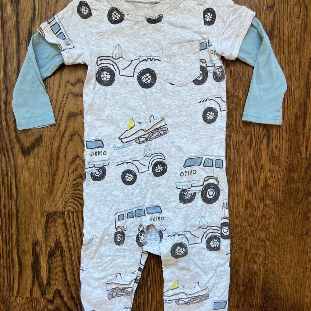 Tea Collection One Piece with Vehicle Print - Gray and Blue